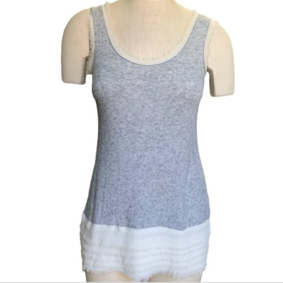 213 Michelle Kim Tank Top L Gray Rib Knit and Fringe Lace 30C - Picture 1 of 7